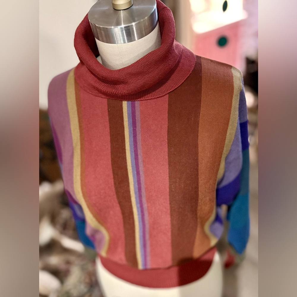 Mariea Kim Vibrant Multicolor Striped Foldover Turtleneck Sweater Size L